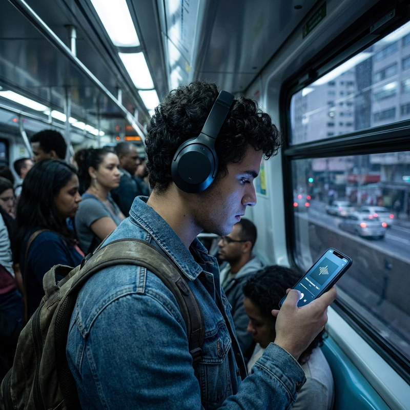 Estudante ouvindo audiolivro no metrô